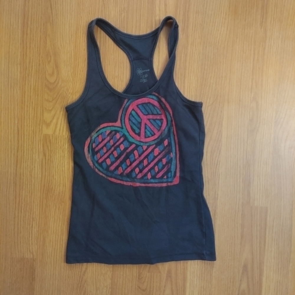 Old Navy Rackerback Tank Top Heart Peace Grey Pink Ribbed Fitted Sz Small
